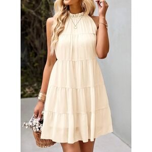 Kirundo Cream Beige Tiered Halter Mini Dress Ruffle Neck Tie Back Medium NEW
